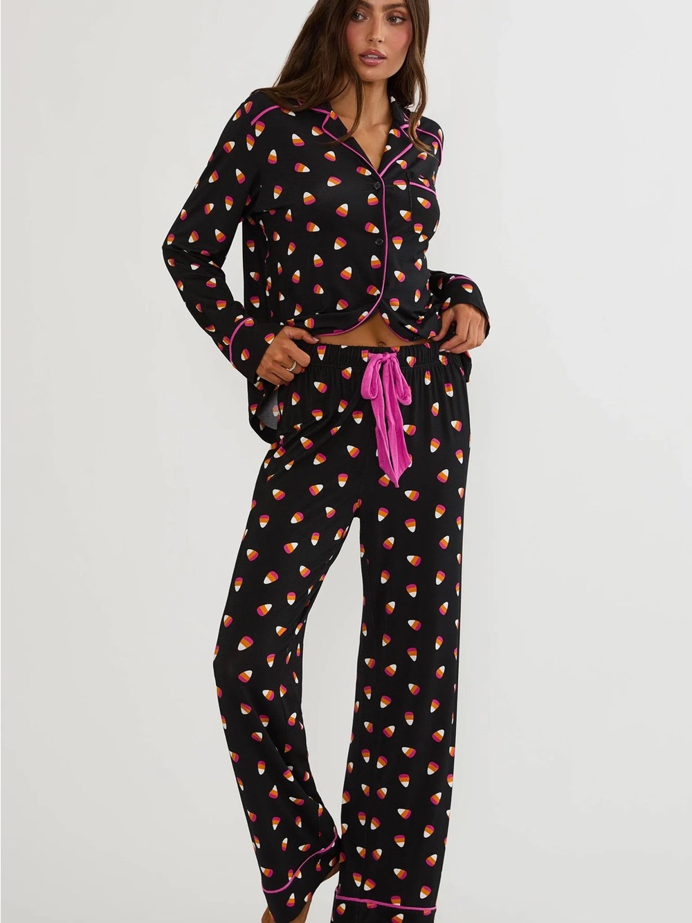 Beach Riot Black Candy Corn Print Pajama Set with Pink Trim